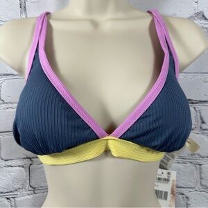 Jessica Simpson Chop & Change X Back Triangle Bikini Top Ribbed Navy/Sol M NWT